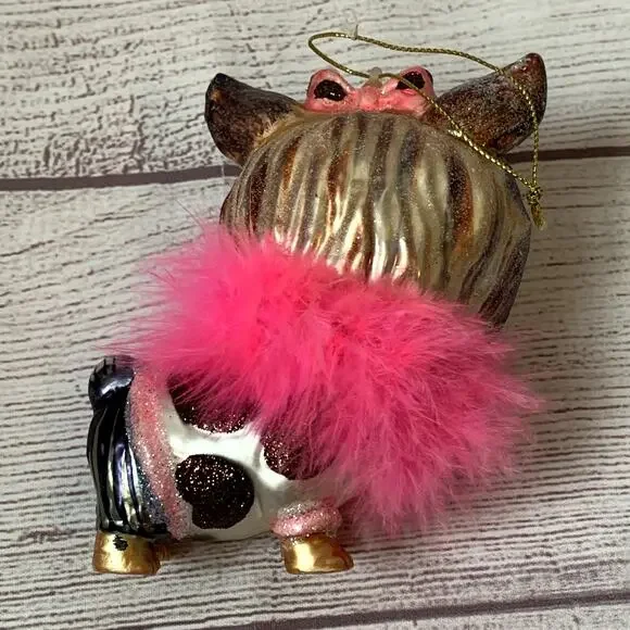 Yorkshire Terrier Dog Glass Christmas Tree Ornament Ballerina Feather Boa Yorkie - Picture 12 of 16